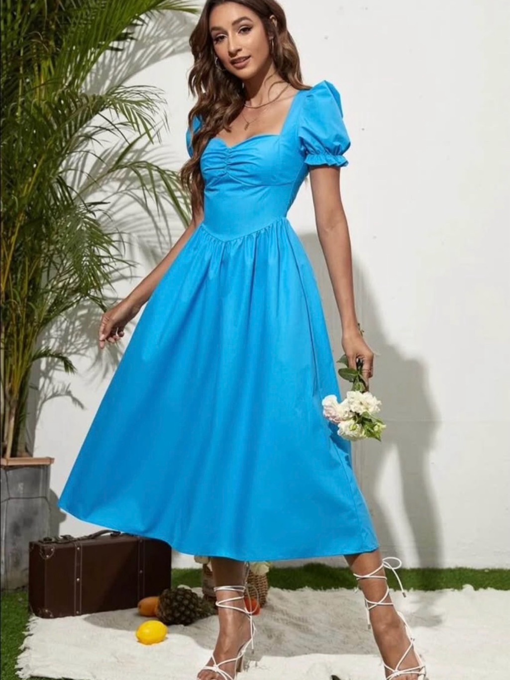 Bright Blue Puff Sleeve Midi Dress - Elegant Summer Style